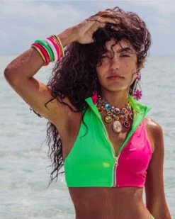 LoveShackFancy X Hurley - Max Solid Blocked High Neck Bikini Top 12 LoveShackFancy X Hurley - Max Solid Blocked High Neck Bikini Top -Honey Fashion Shop HLSFT105 MAGENTANEONLIME 2