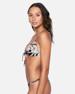 Hawaiiana Tie Front Bralette Bikini Top -Honey Fashion Shop ht1087 black floral 3